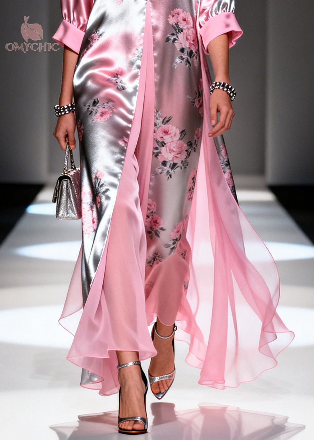 Italian Pink Print Patchwork Silk Fake Two Piece Dress Summer