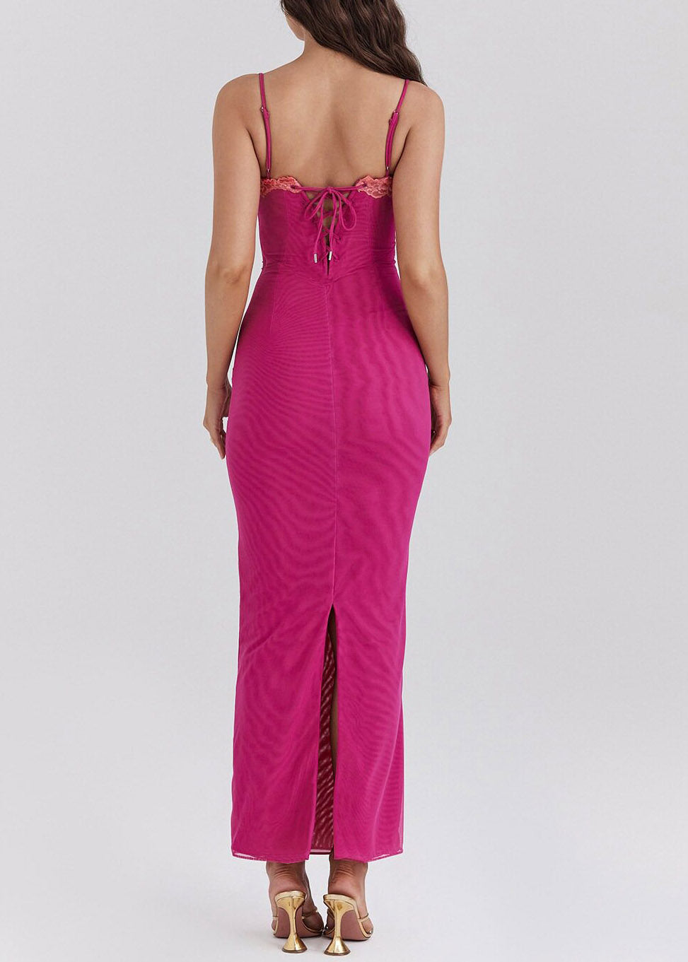 Italian Rose Side Open Solid Tulle Maxi Spaghetti Strap Dresses Sleeveless