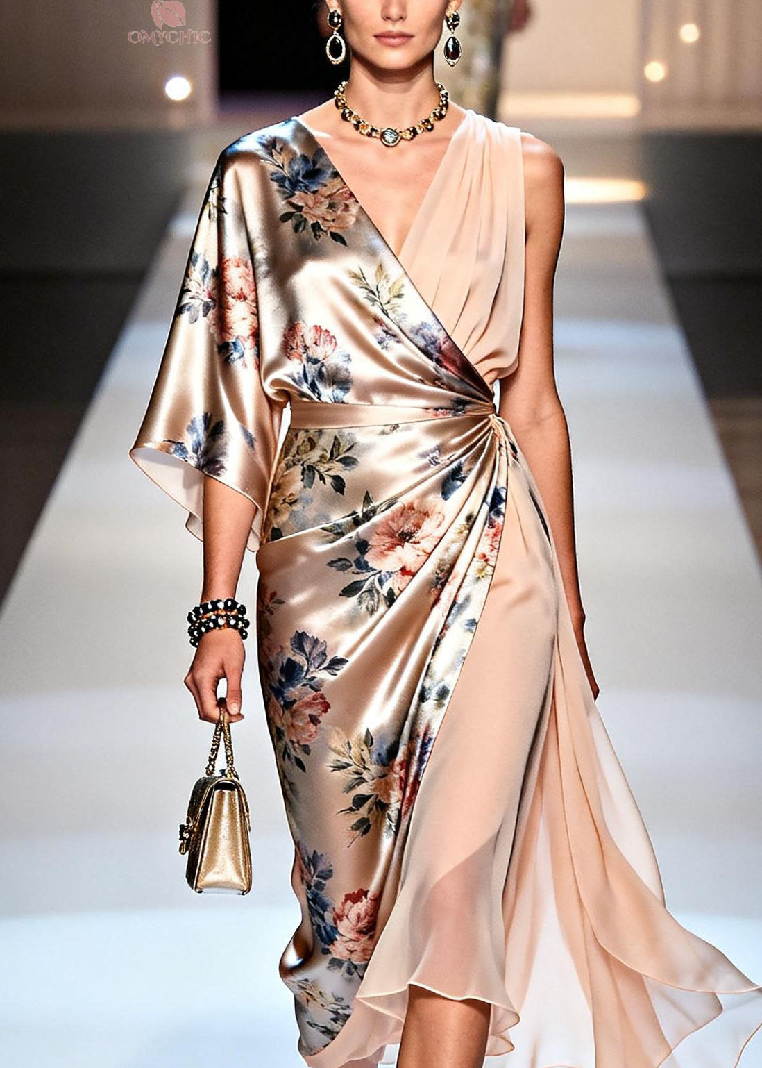 Italian V Neck Print Asymmetrical Design Silk Dress Summer