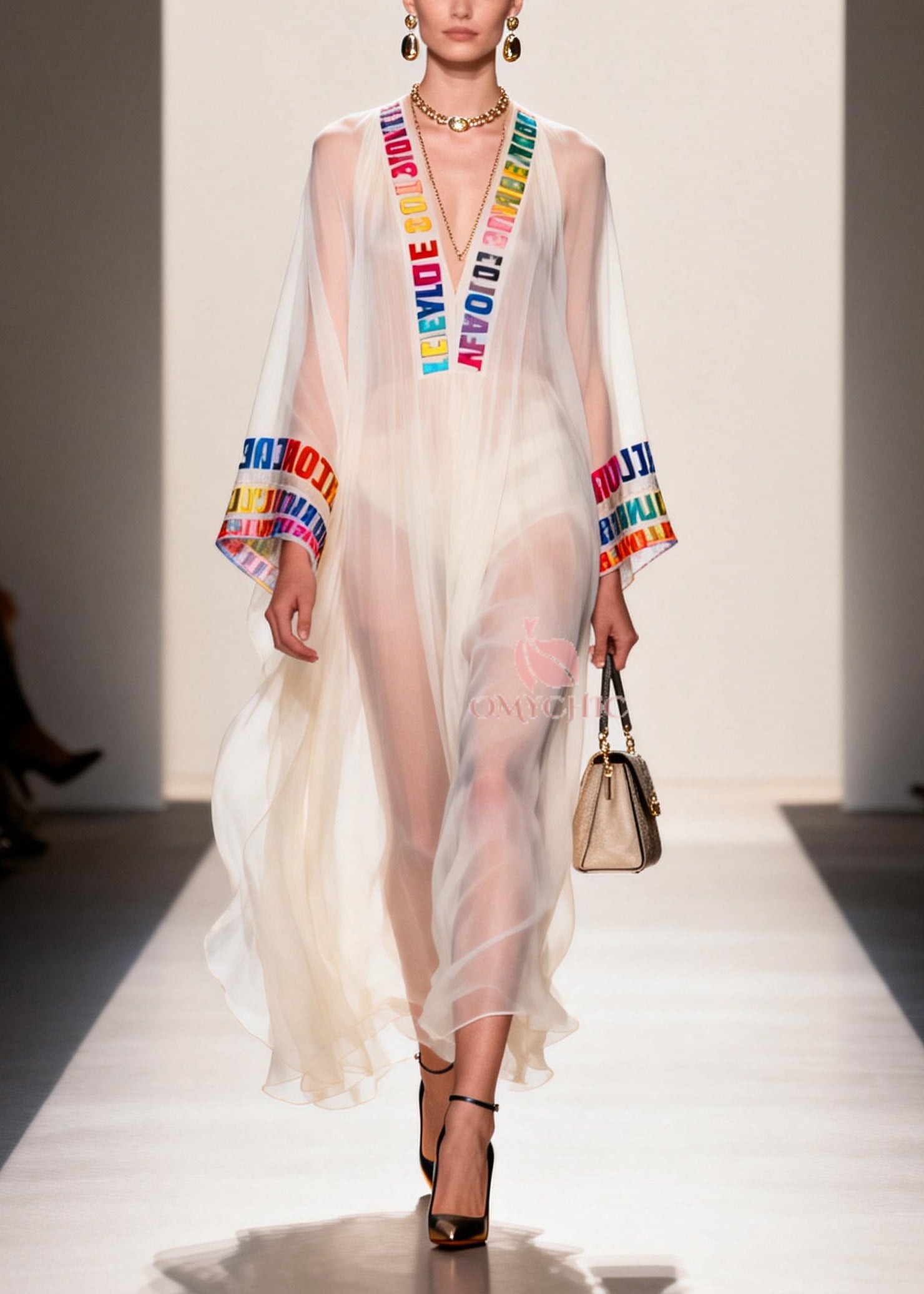 Italian White V Neck Letter Print Chiffon Sheer Dress Summer