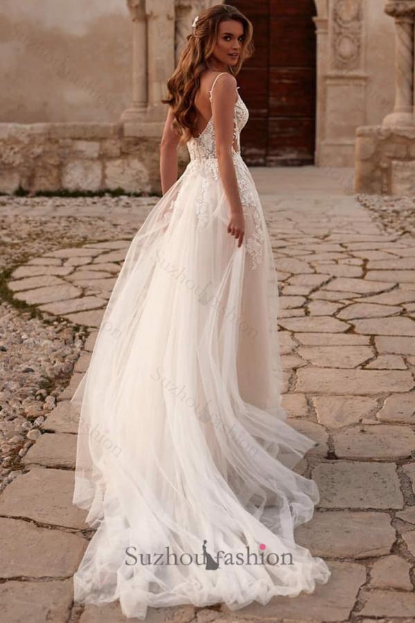 Ivory A Line Spaghetti Strap V Neck Lace Sleeveless Long Tulle Bridal Gown With Appliques