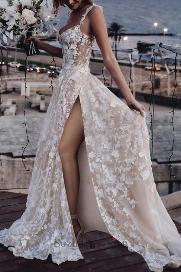 Ivory A Line Spaghetti Strap V Neck Sleeveless Lace Long Tulle Bridal Gown With High Slit