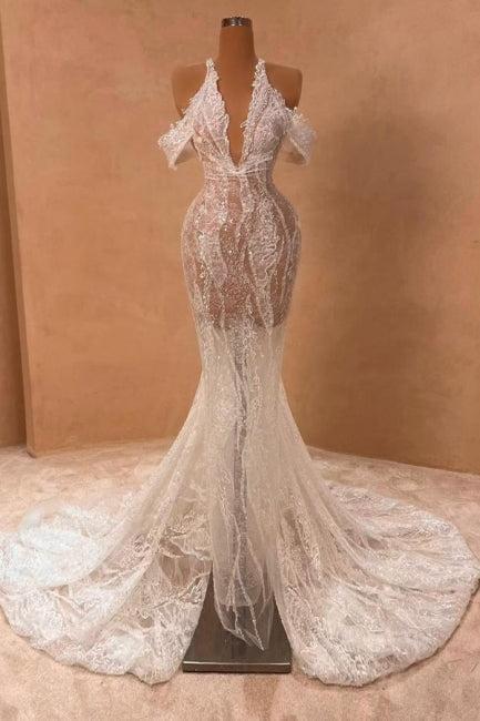 Ivory Halter Prom Dress Off The Shoulder Mermaid Slit Formal Dress With Lace