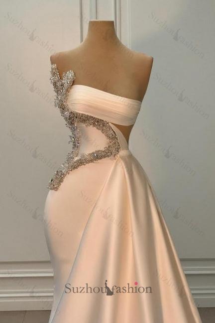 Ivory Prom Dress Strapless Beading Satin Sleeveless Formal Dress