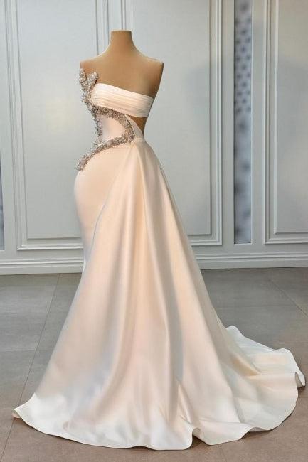 Ivory Prom Dress Strapless Beading Satin Sleeveless Formal Dress