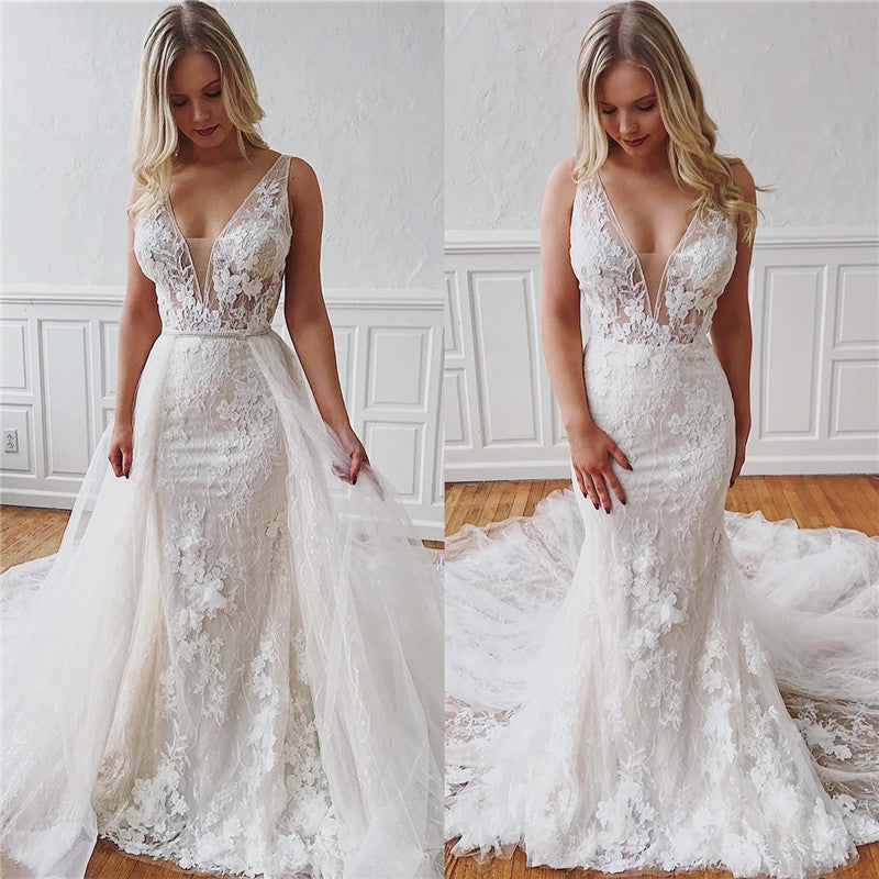 Ivory Sheath Sleeveless Chapel-Train V-neck Beautiful Appliques Wedding Dresses