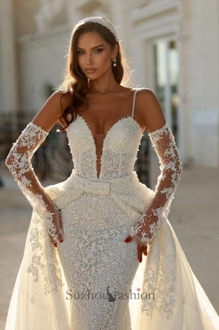 Ivory Wedding Dress Mermaid Spaghetti Straps Lace Bridal Gown With Detachable Panel Train