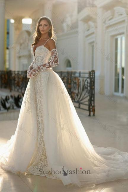 Ivory Wedding Dress Mermaid Spaghetti Straps Lace Bridal Gown With Detachable Panel Train