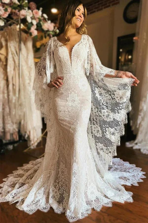 Ivory Batwing Sleeves Plunge Neck Mermaid Boho Wedding Dress WD740 by pgmdress
