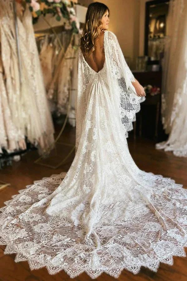 Ivory Batwing Sleeves Plunge Neck Mermaid Boho Wedding Dress (ZD16085)