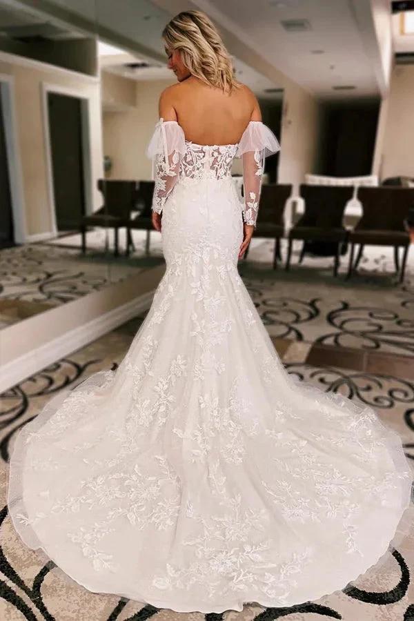 Ivory Floral Trumpet Wedding Dress with Detachable Sleeves (ZD16102)