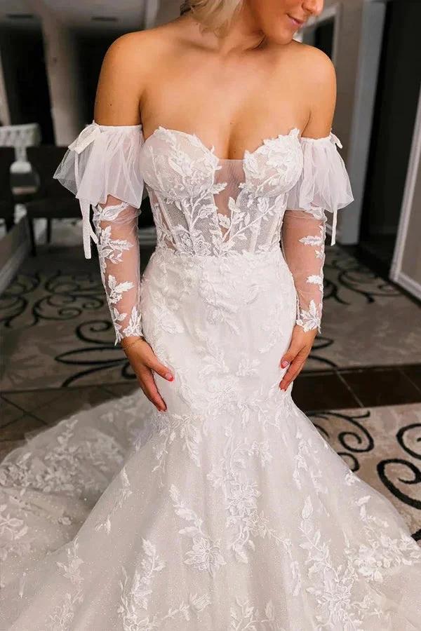 Ivory Floral Trumpet Wedding Dress with Detachable Sleeves (ZD16102)