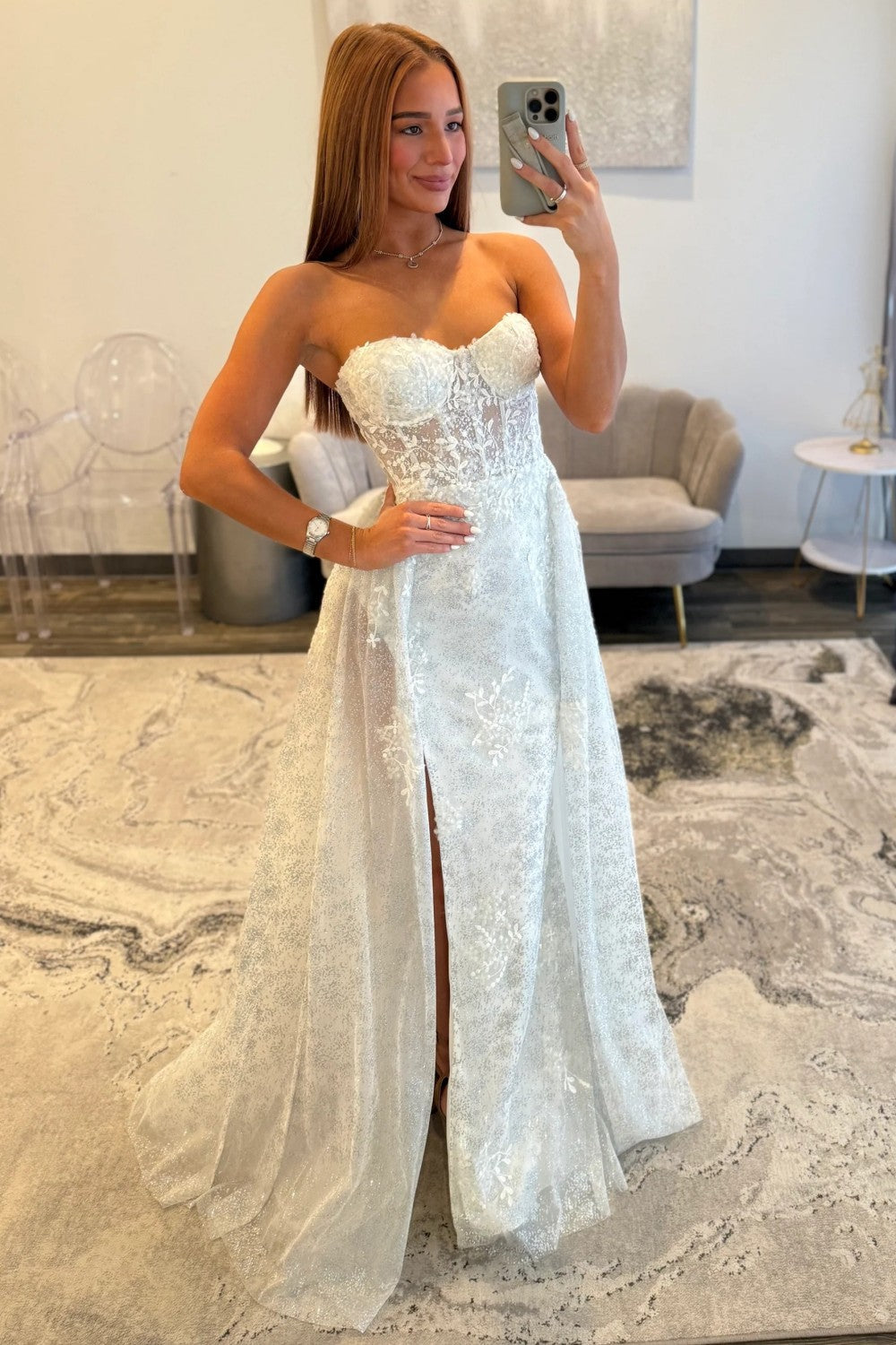 Gorgeous A Line Sweetheart White Corset Prom Dress with Split Front - View 3 | VelvetHem