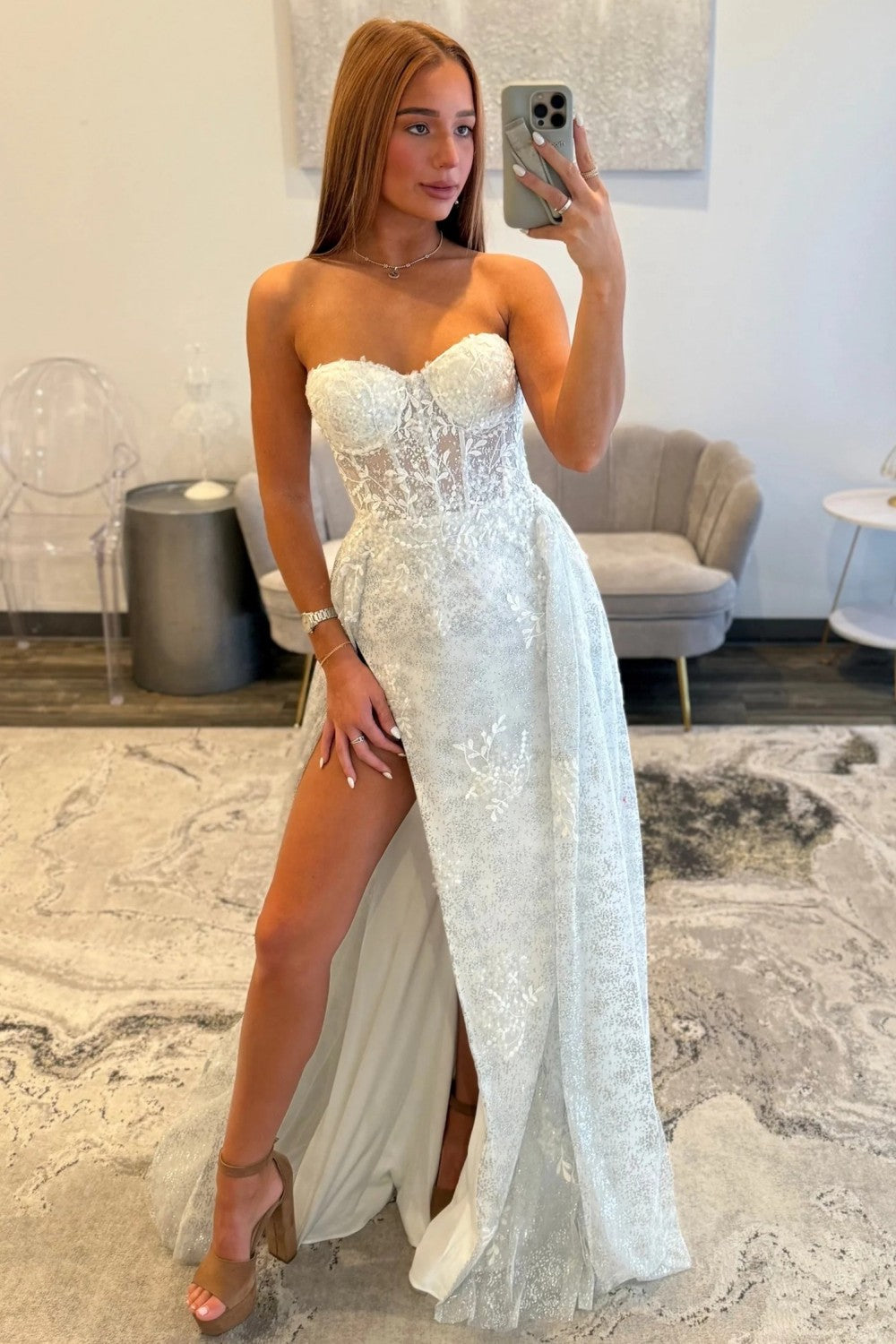 Gorgeous A Line Sweetheart White Corset Prom Dress with Split Front - View 4 | VelvetHem