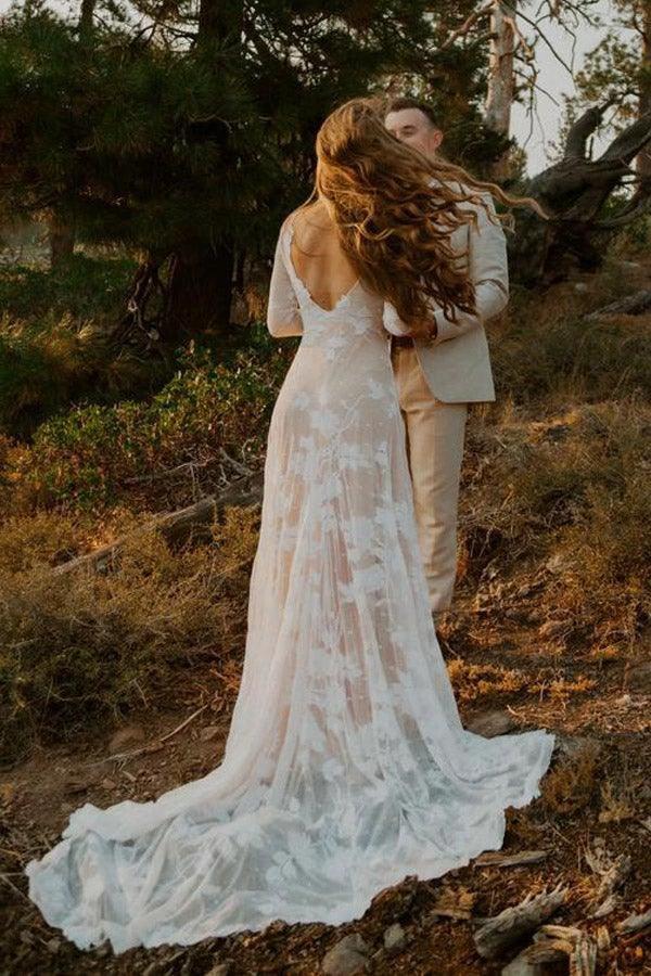 Ivory Long Sleeve Rustic Wedding Dresses Backless Sheath Beach Wedding Dress (ZD15350)