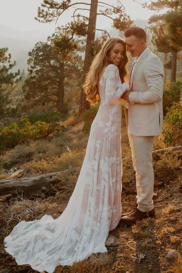 Ivory Long Sleeve Rustic Wedding Dresses Backless Sheath Beach Wedding Dress (ZD15350)