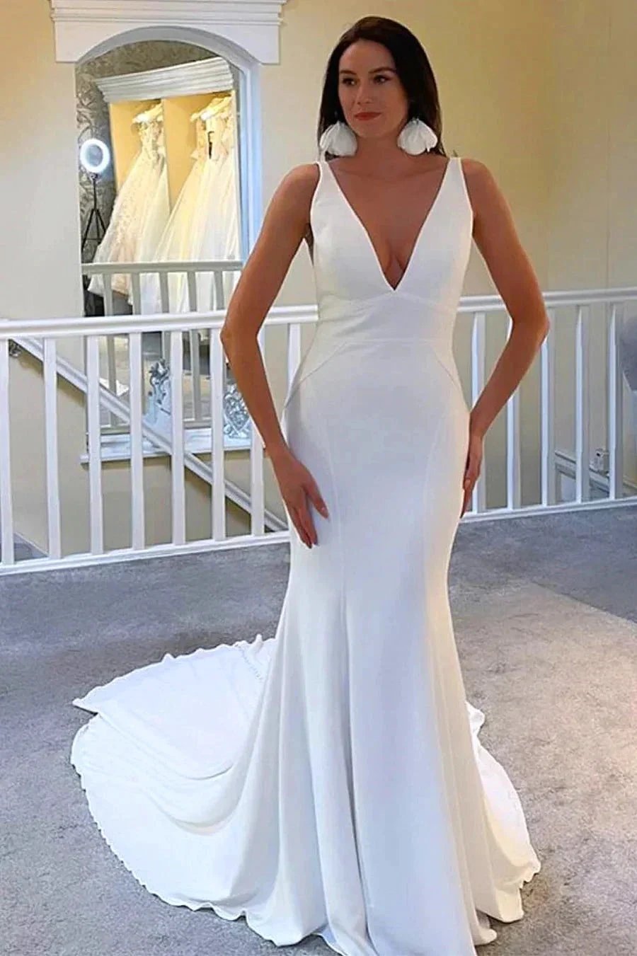 Ivory Plunge V Neck Open Back Mermaid Long Wedding Dress (ZD16157)