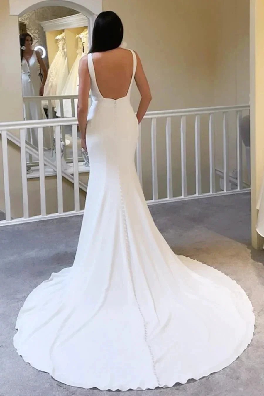 Ivory Plunge V Neck Open Back Mermaid Long Wedding Dress (ZD16157)