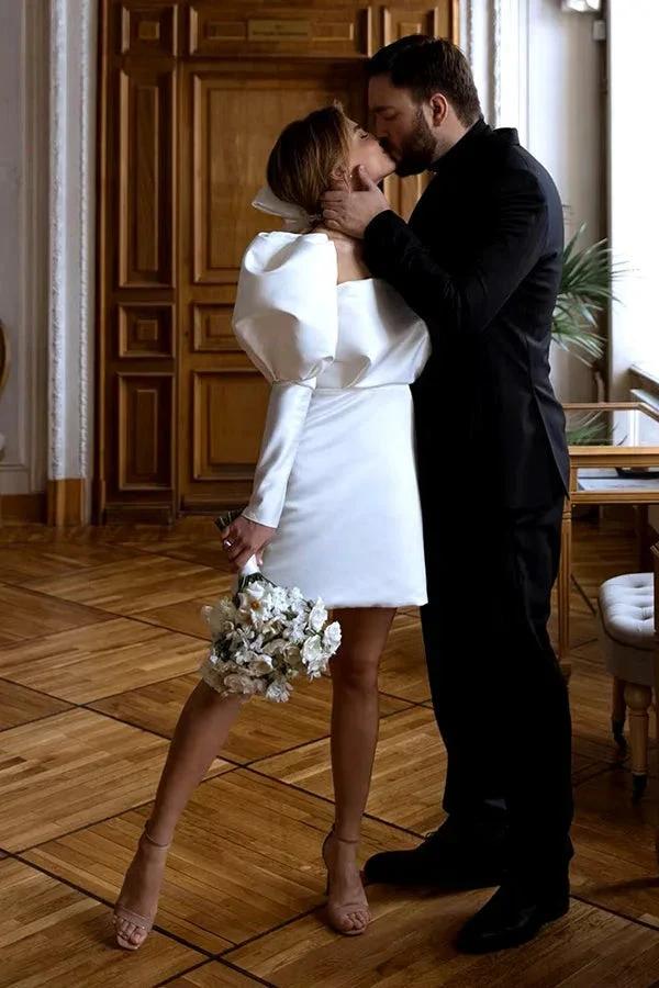 Ivory Puff Sleeves Short Wedding Dress Vintage Wedding Dress (ZD16079)