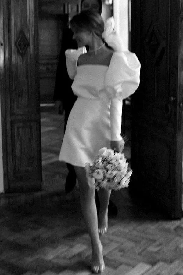 Ivory Puff Sleeves Short Wedding Dress Vintage Wedding Dress (ZD16079)
