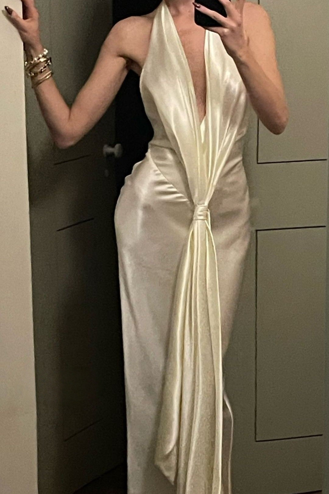 Ivory Satin Halter Neck Deep V-Neck Backless Column Evening Dress with Front Drape Knot - VelvetHem
