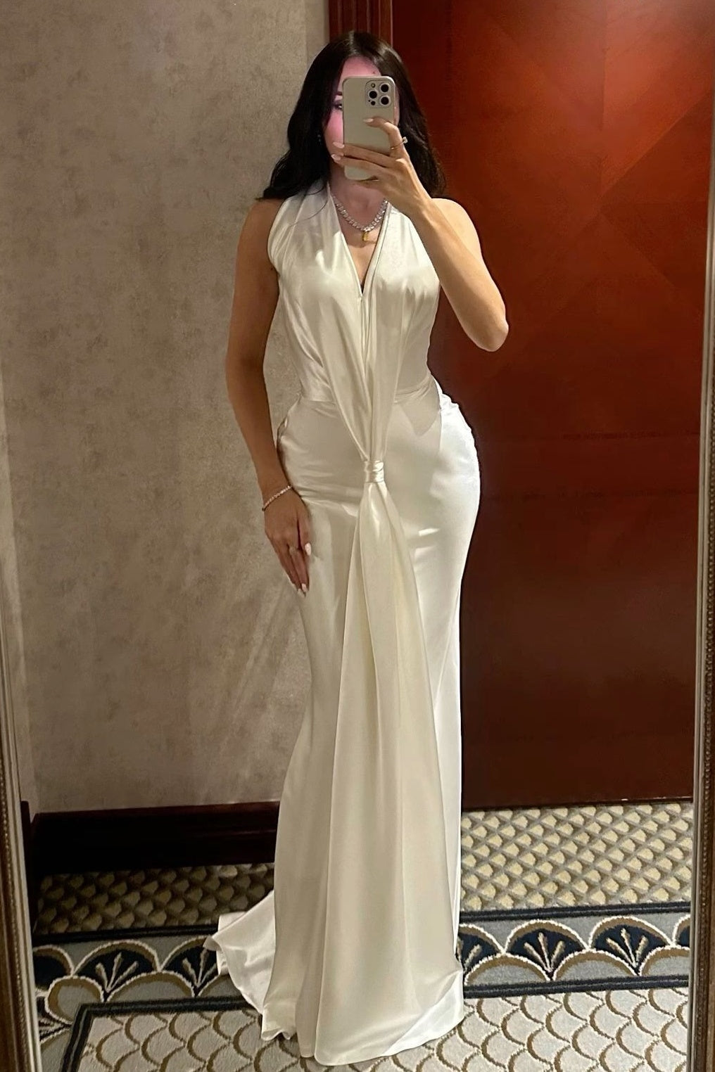 Ivory Satin Halter Neck Deep V-Neck Backless Column Evening Dress with Front Drape Knot - View 2 | VelvetHem