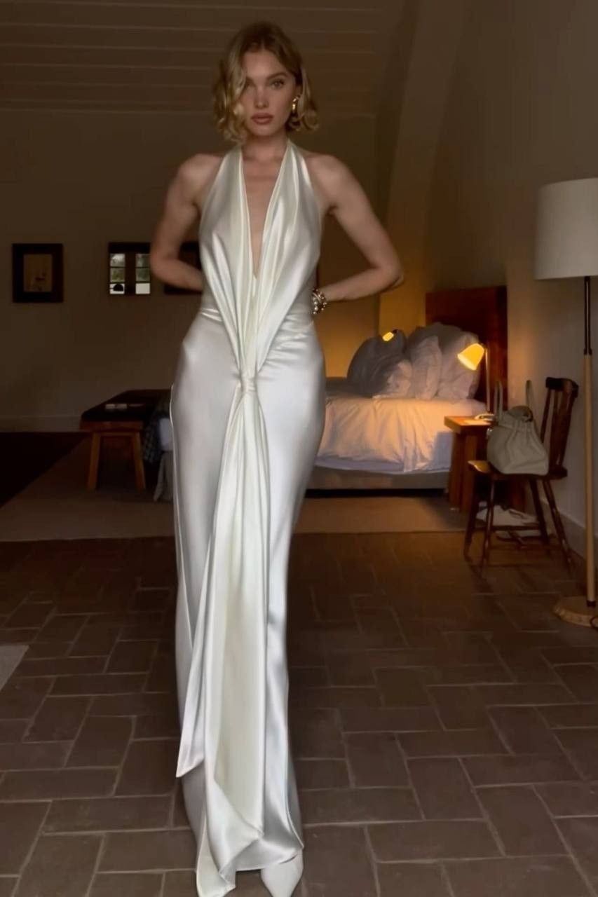 Ivory Satin Halter Neck Deep V-Neck Backless Column Evening Dress with Front Drape Knot - View 6 | VelvetHem