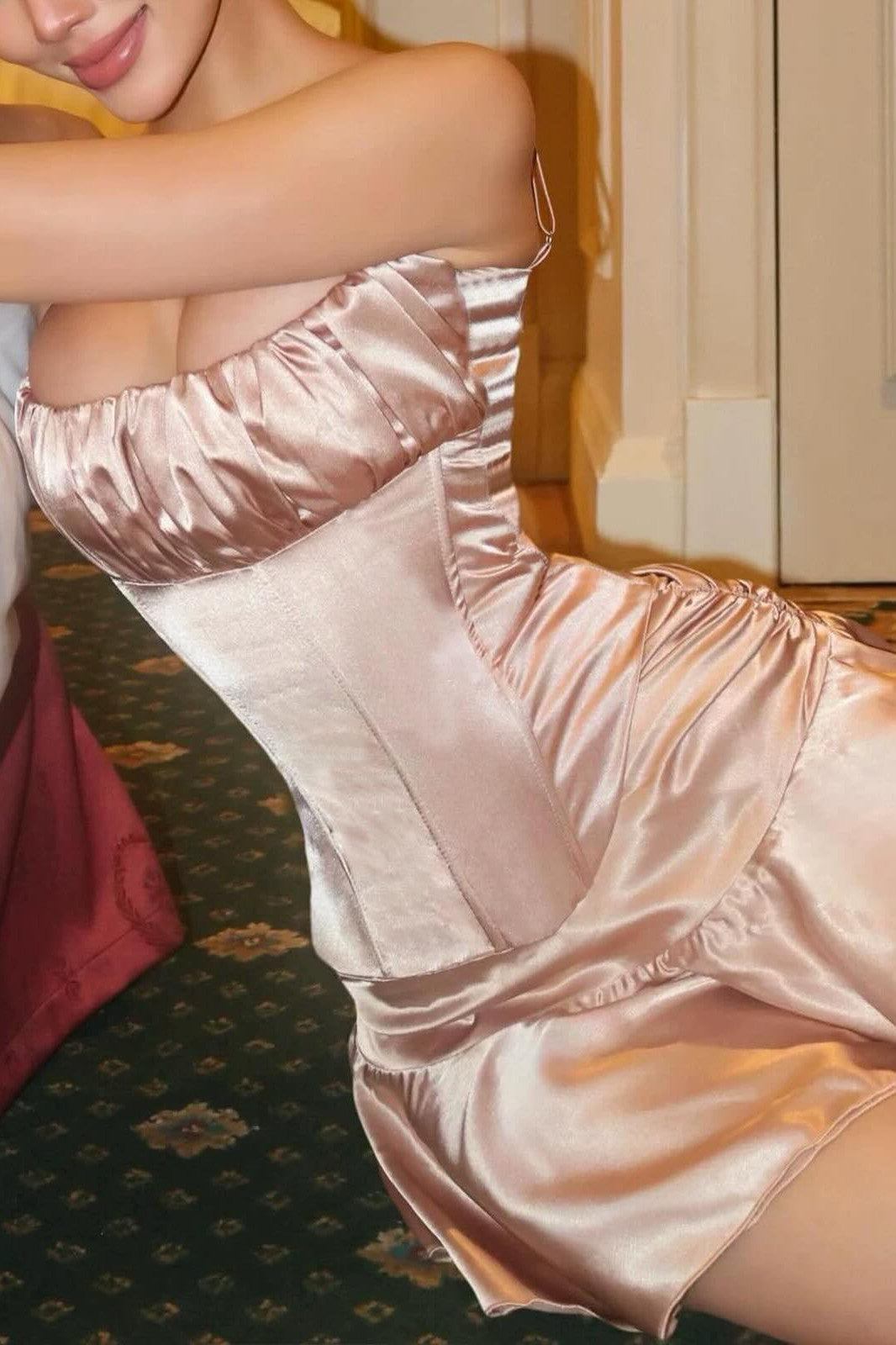 Ivory Satin Spaghetti Straps Corset Homecoming Dress with Ruched Bust and Ruffle Hem