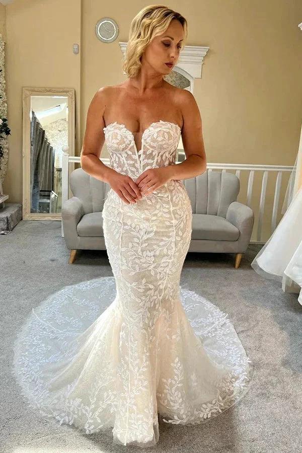 Ivory Lace Strapless Mermaid Wedding Dress Lace Bridal Gown WD707 by pgmdress