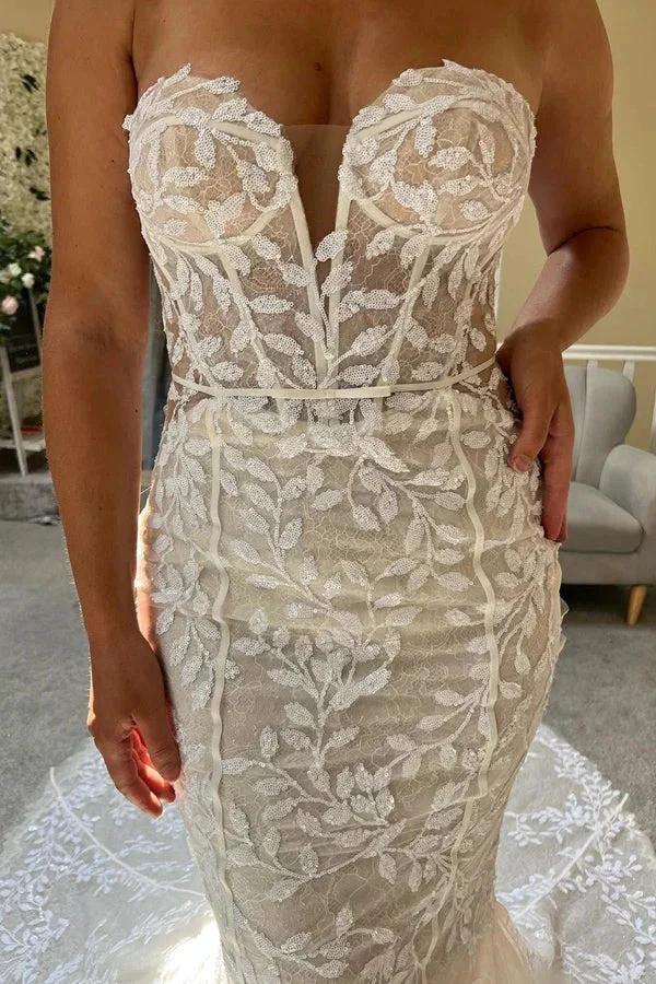 Ivory Lace Strapless Mermaid Wedding Dress Lace Bridal Gown (ZD16118)