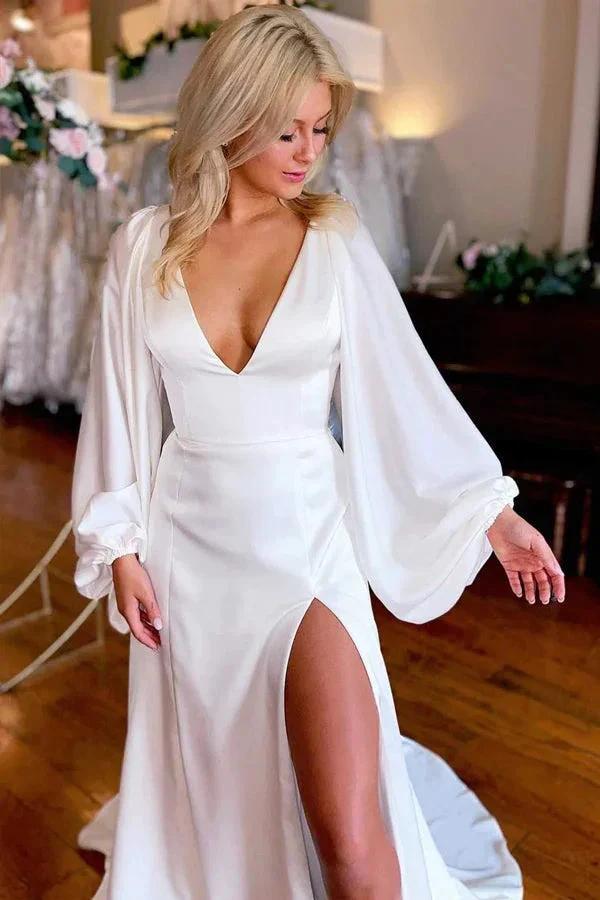 Ivory V-Neck Long Sleeve Wedding Dresses Simple Wedding Dresses (ZD16104)