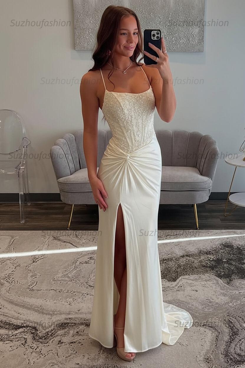 Red Prom Dress Spaghetti Straps Ruhed Long Lace Formal Dress With Appliques