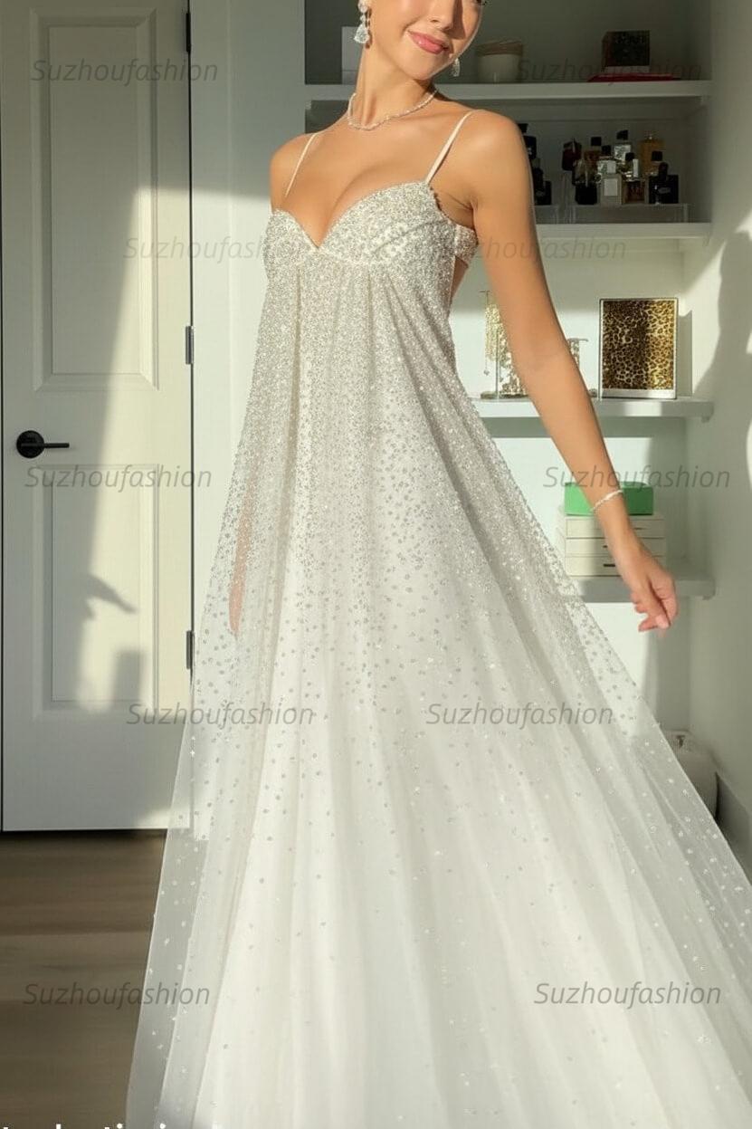 Suzhoufashion Bling A Line Spaghetti Straps Grey Blue Long Party Dress With Beading Formal Evening Gown