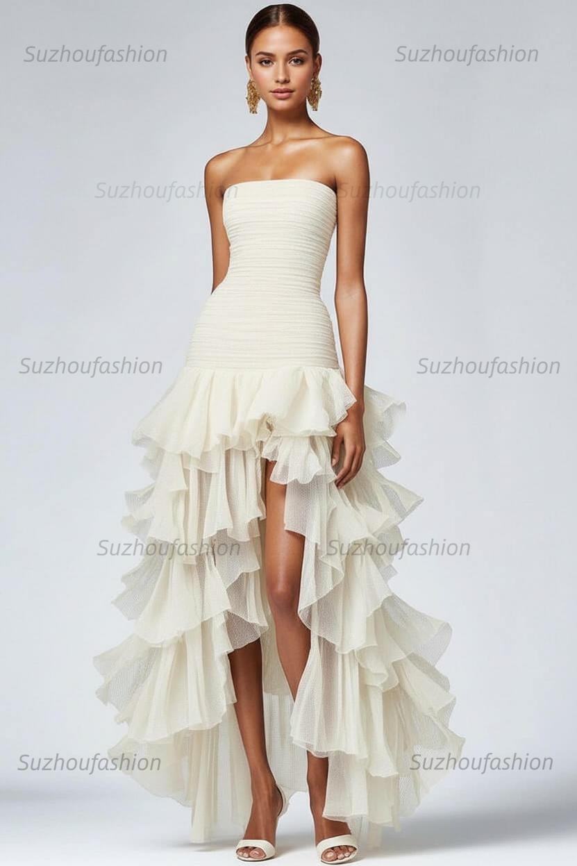 Black Wedding Guest Dress Strapless Tulle Long Ruffled Formal Dress With Slit