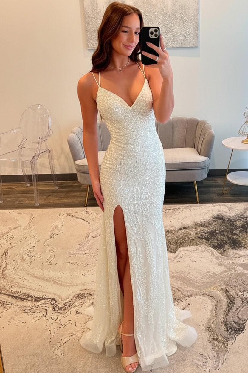 Suzhoufashion Silver Sequin Spaghetti Strap Mermaid Slit Prom Dress With Crisscross Lace-Up Back Formal Evening Gown