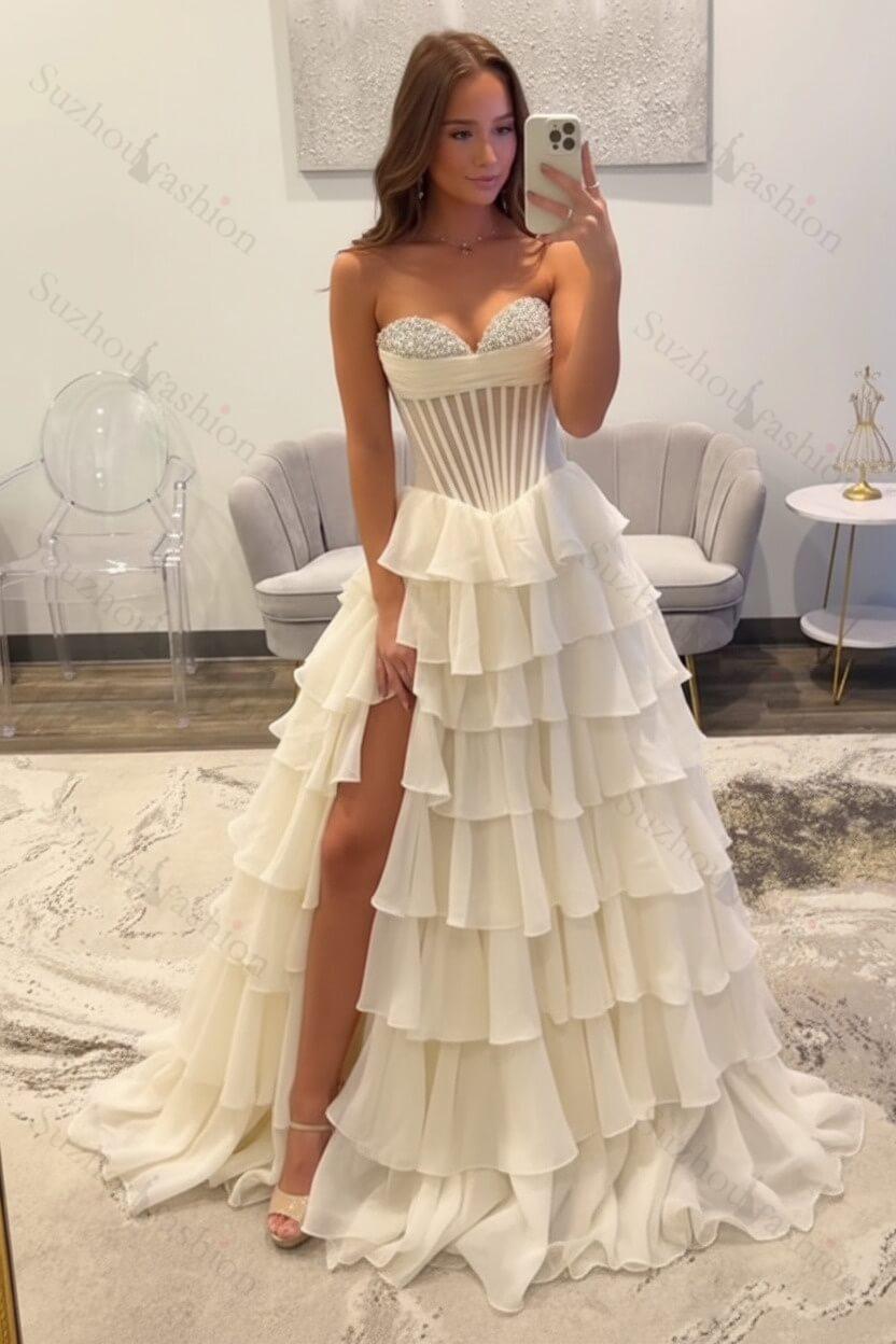 Ruffled Black Prom Dress A Line Corset Long Formal Dress With Beadings