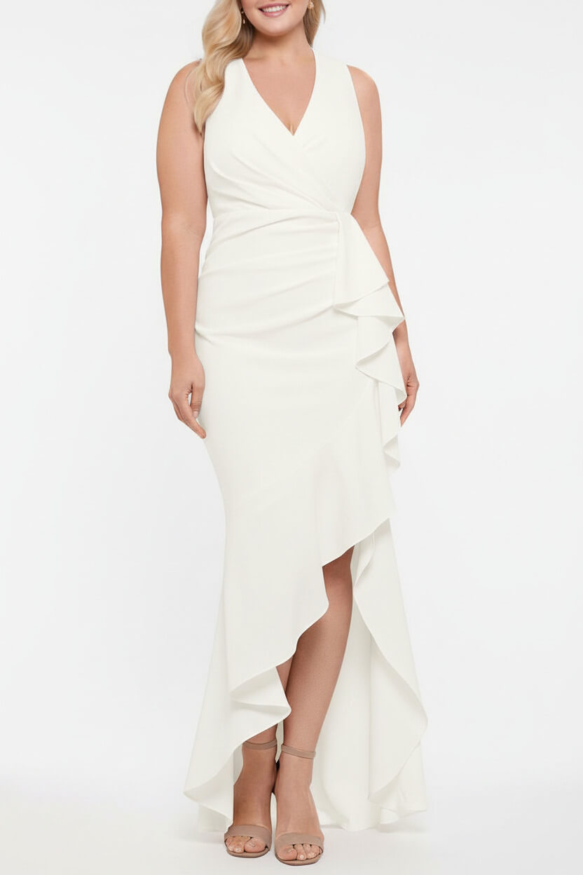 V Neck Sleeveless Plus Size Long Sheath Column Mother of the Bride Dress with Ruffles