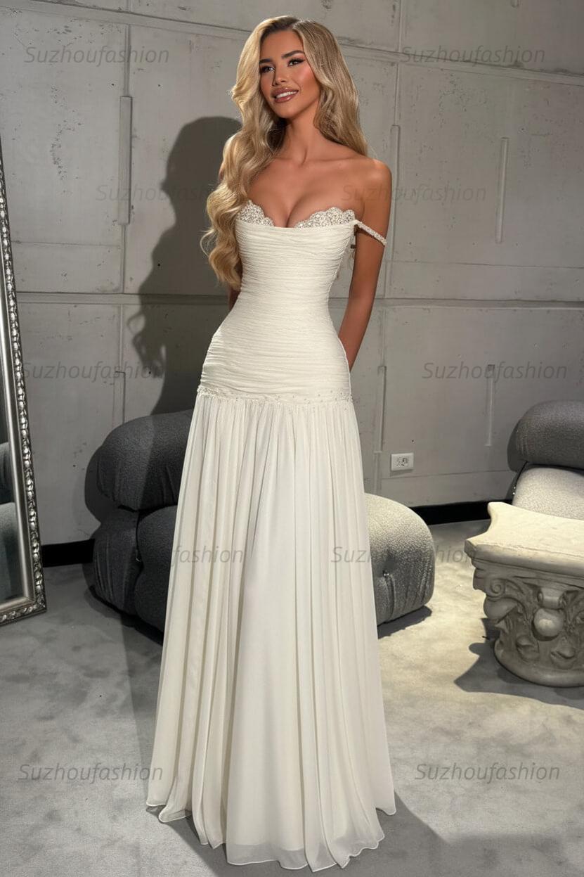 Off The Shoulder Prom Dress Sleeveless Pleated A Line Formal Evening Gown