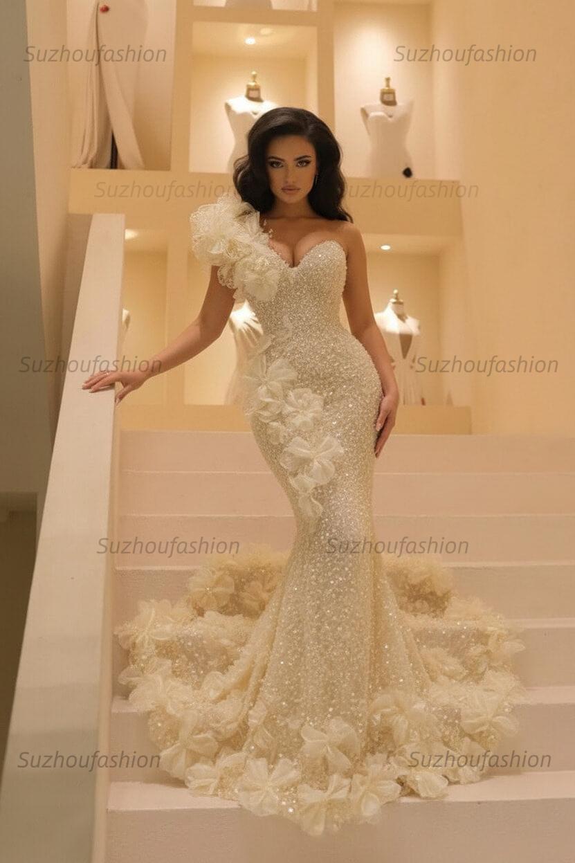 Burgundy One Shoulder Prom Dress Mermaid Sequined Formal Evening Dress with 3D Flowers