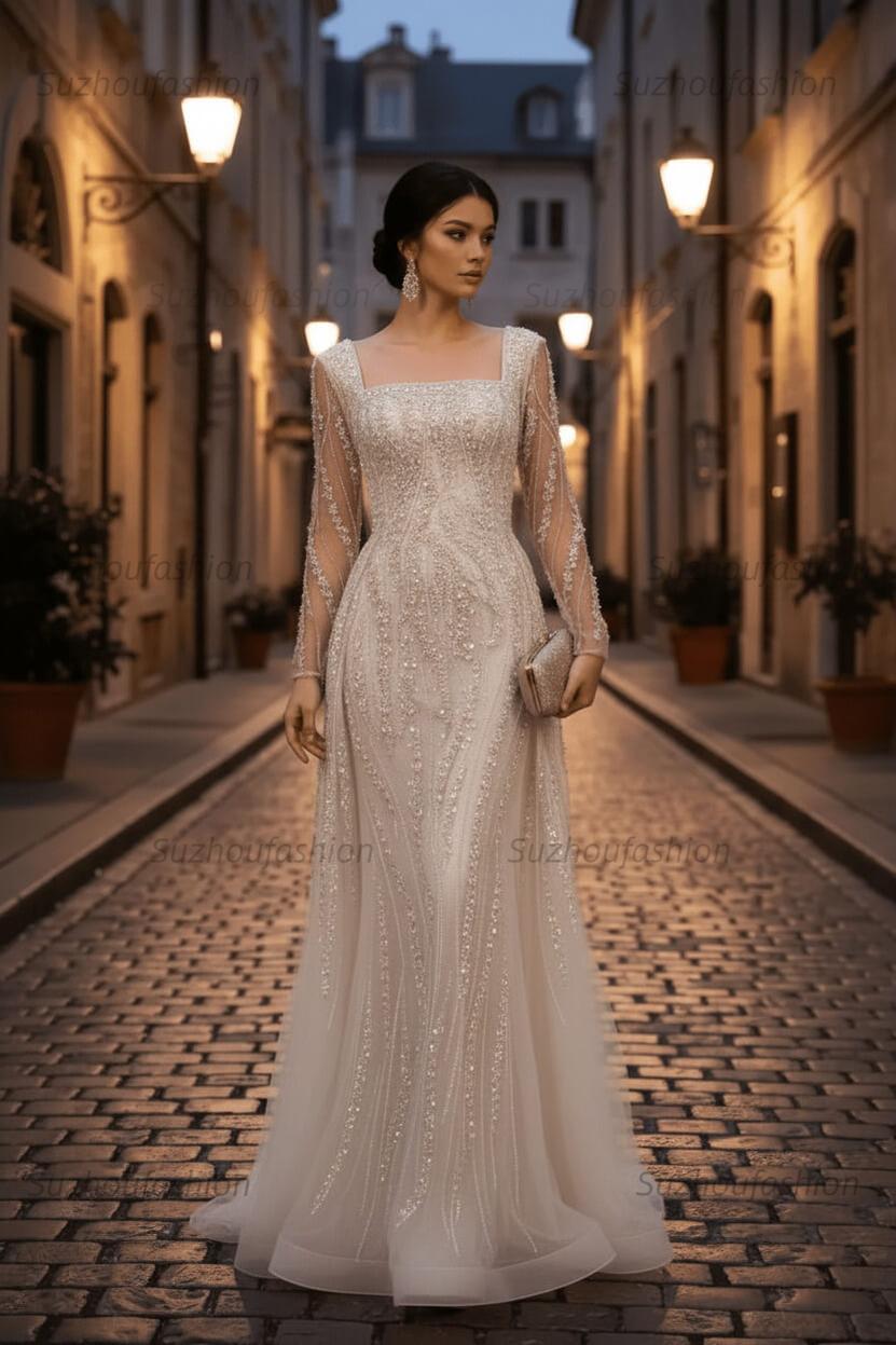 Square Neck Long Sleeves Long Mermaid Evening Formal Dress With Beading Tulle