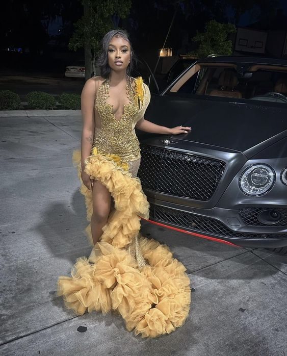Luxury Gold Beaded Prom Dress for Black Girls Crystal Mermaid Formal Evening Dress Side Slit Evening Dress Y6624 - VelvetHem