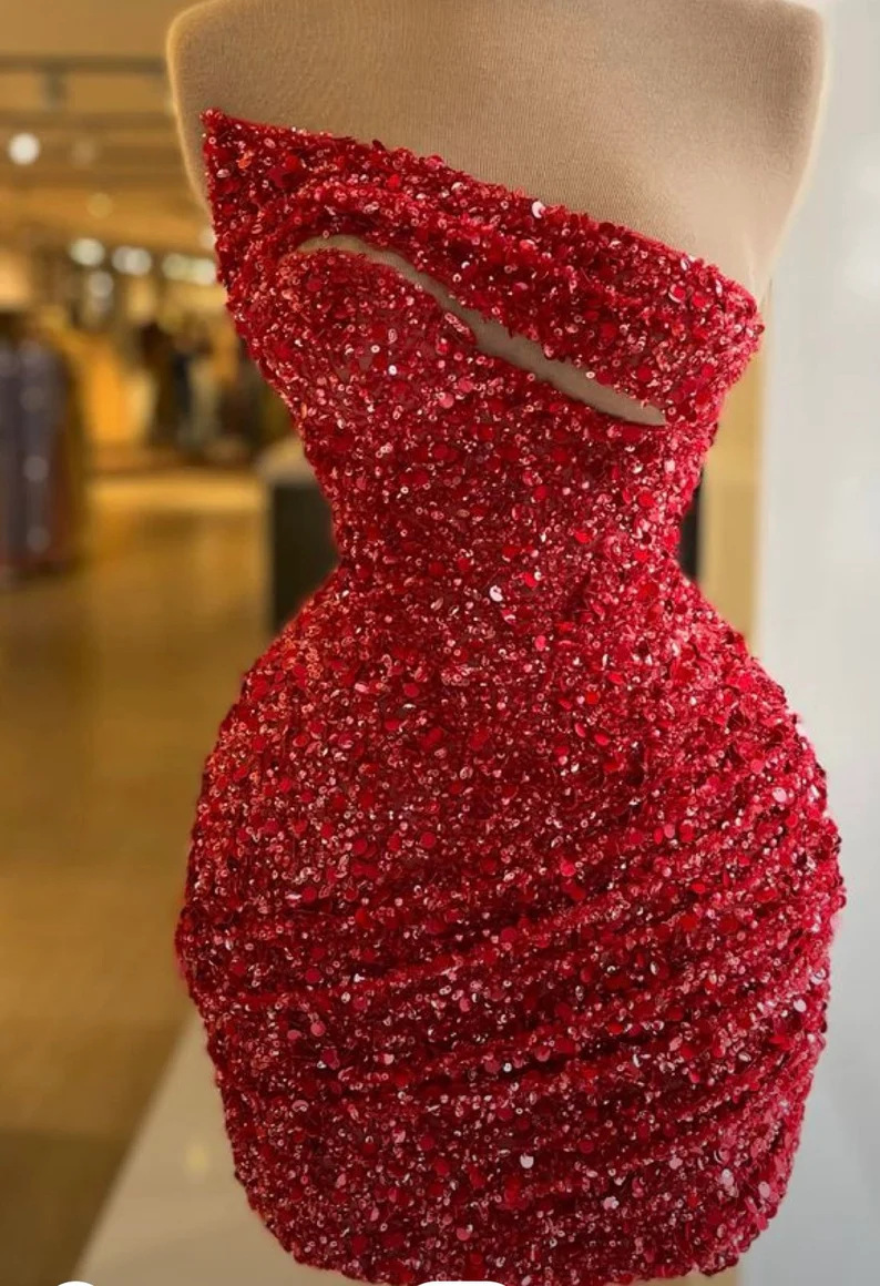 Red sleeveless short sequins party dress, short dinner dress, wedding reception dress, shimmery gown - VelvetHem