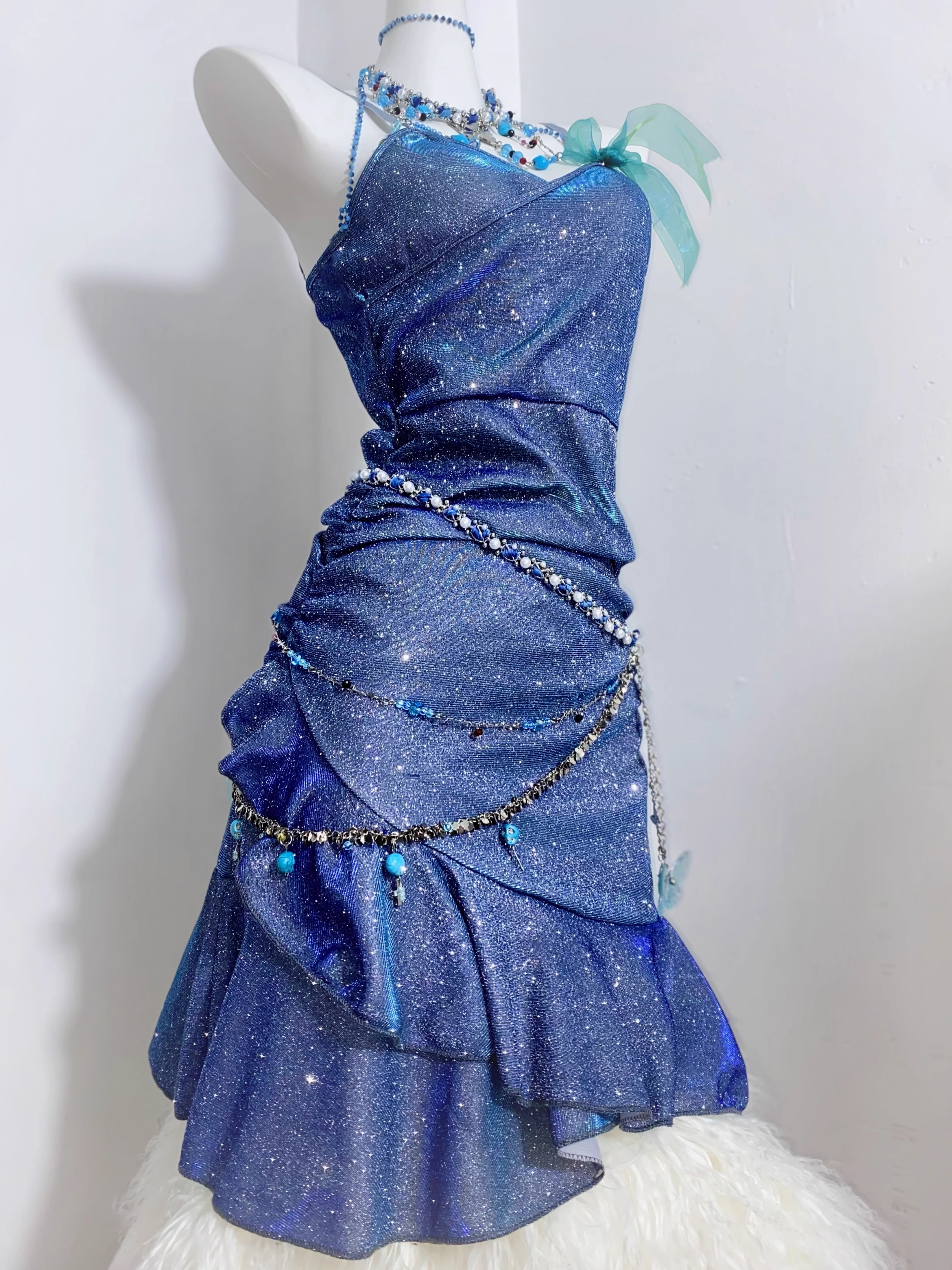 Glitter Blue Spaghetti Straps Short Ruffle Cocktail Dress Formal Homecoming Dress
