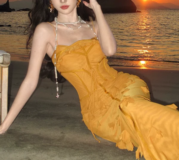Unique Orange Mermaid Evening Gown Spaghetti Strap 3D Flower Long Prom Dress - View 6 | VelvetHem