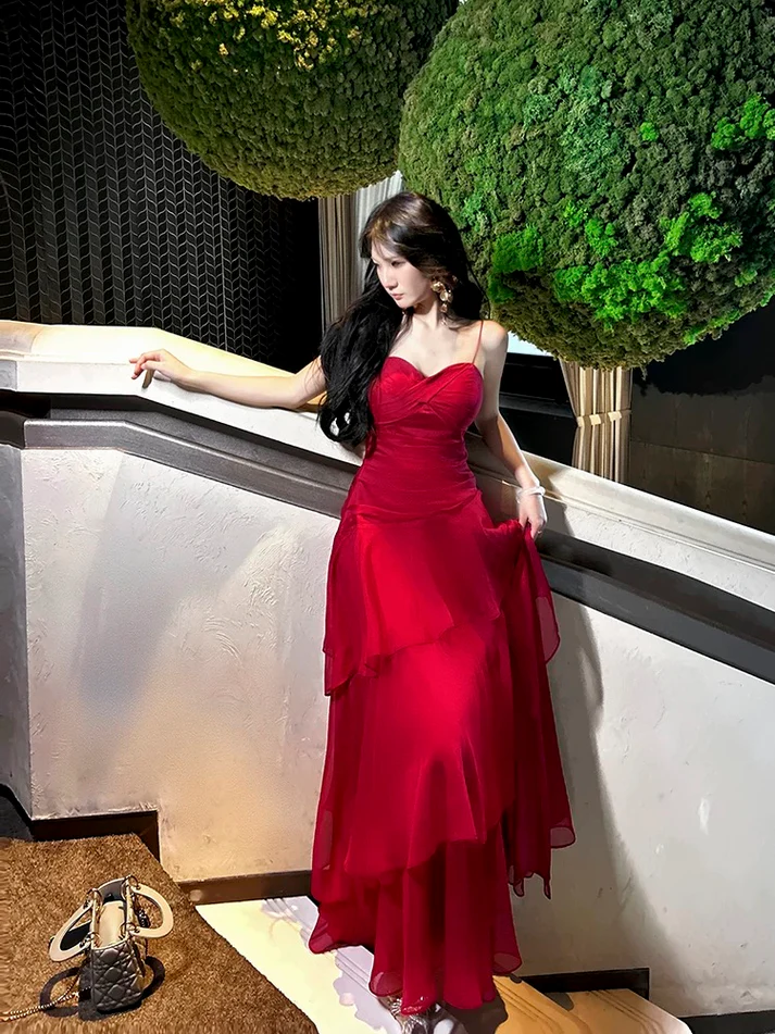 Beautiful Red Chiffon Layered Evening Dress Spaghetti Straps Prom Party Dress