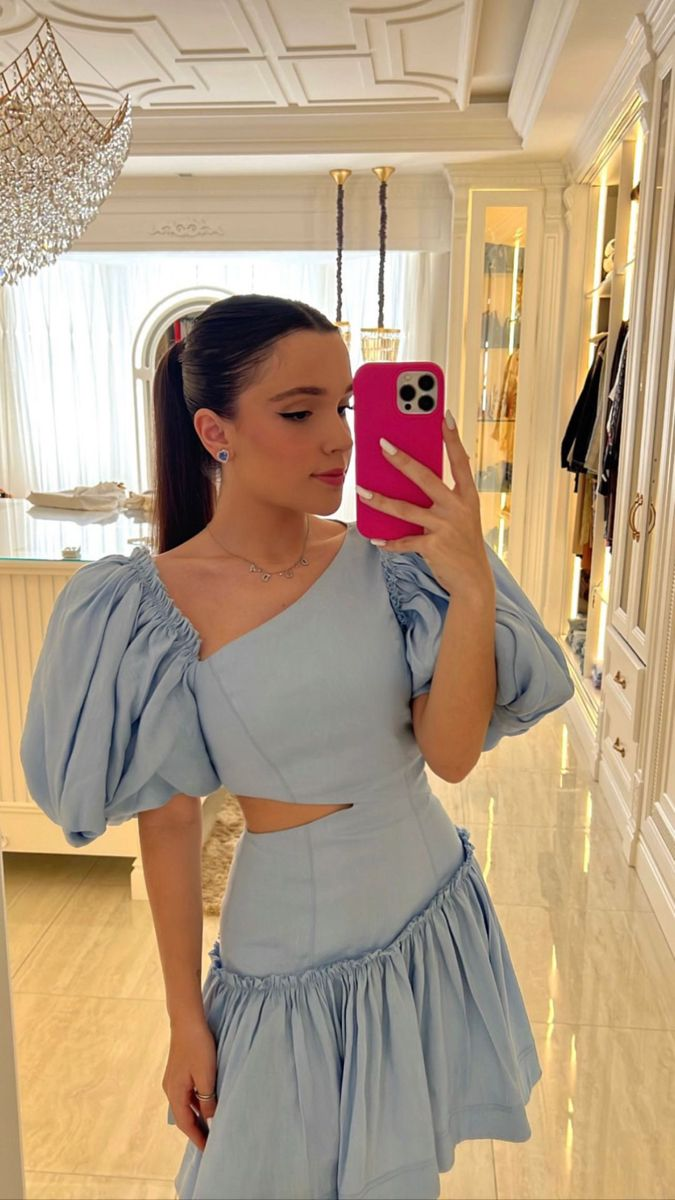 Blue Irregular Neckline Homecoming Dress with Puff Sleeves,Y2532 - VelvetHem