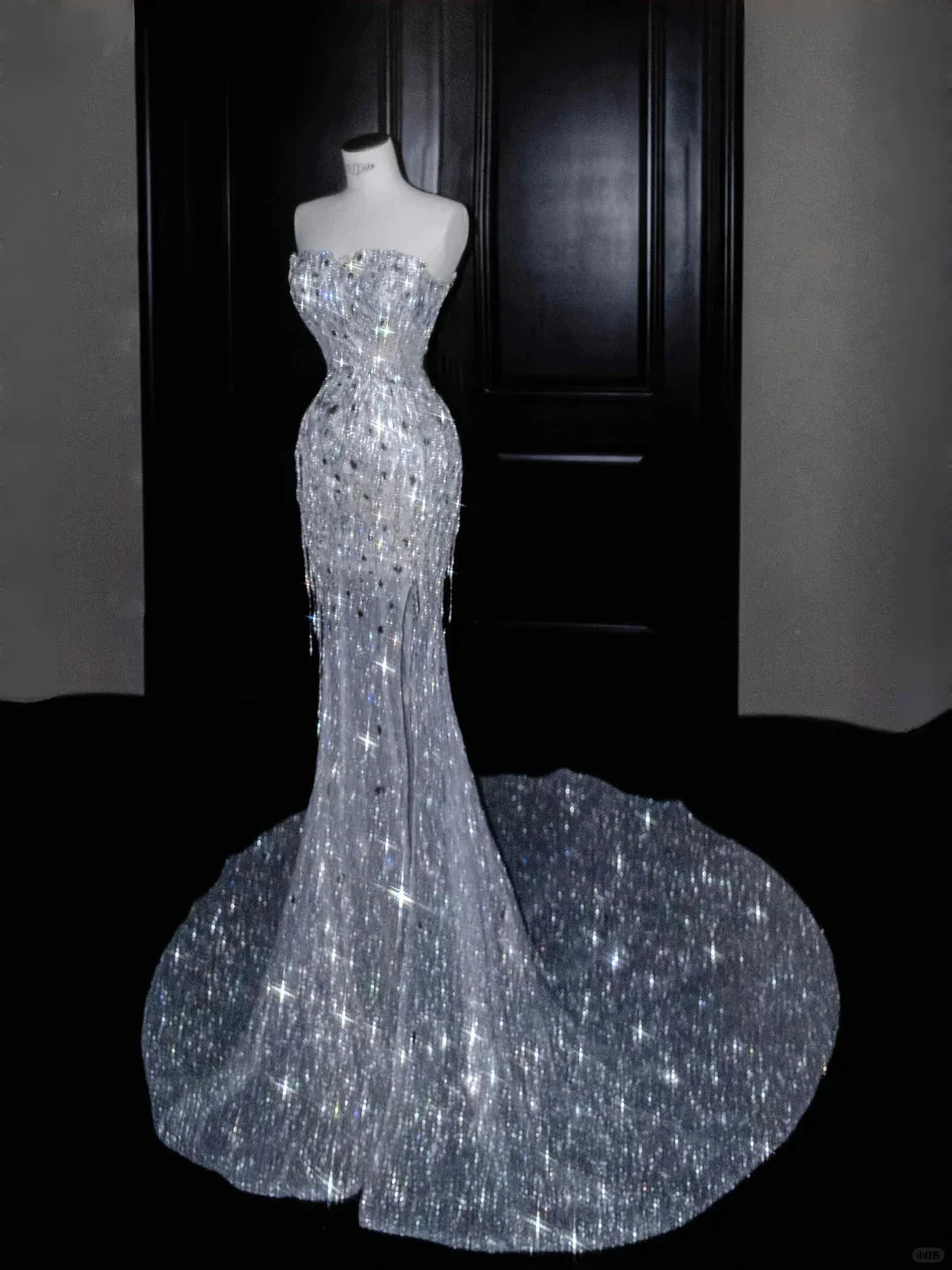 Sparkly Strapless Tulle Sequins Tassel Evening Dress,Slit Mermaid Prom Dress Wedding Dress Y8674 by simplepromdress
