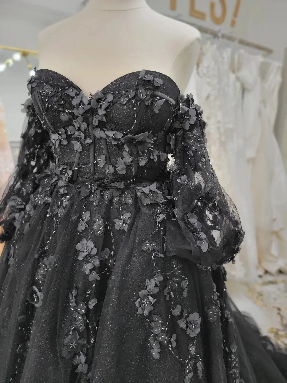 Stunning, Alternative Black Gown, Off The Shoulder Ball Gown Gothic Unconventional Wedding Dress,Y2477 (ZD13633)