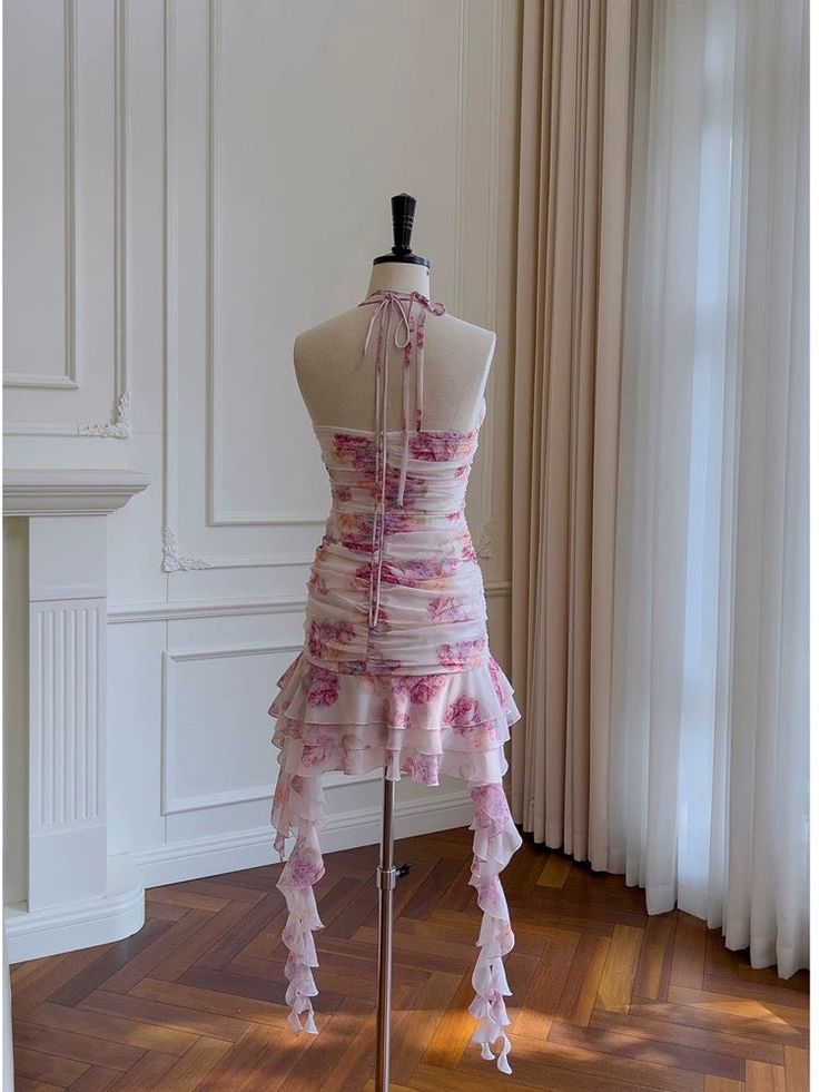 Pretty Sheath Halter Floral Chiffon Short Homecoming Dress Birthday Outfits