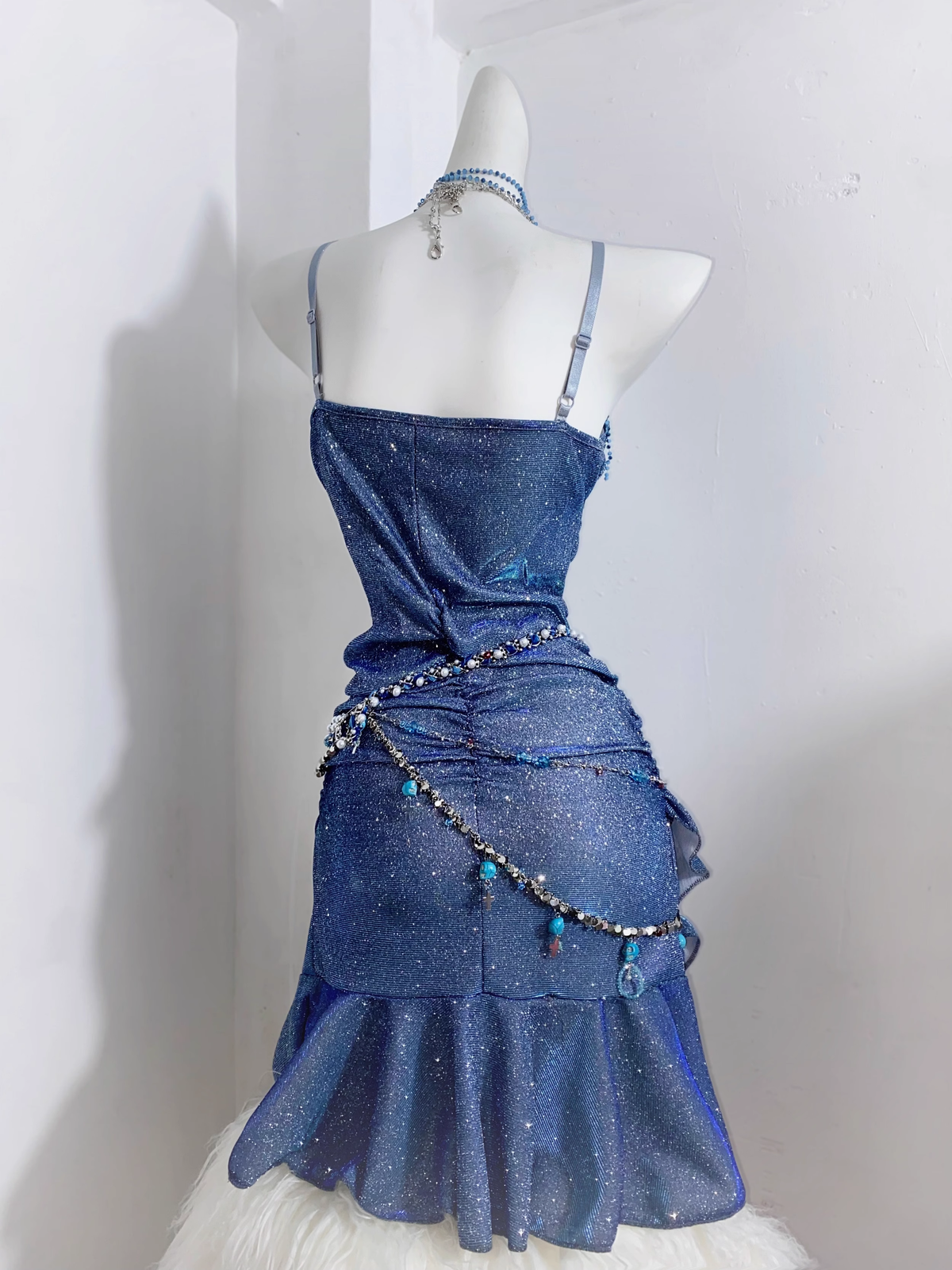 Glitter Blue Spaghetti Straps Short Ruffle Cocktail Dress Formal Homecoming Dress - View 4 | VelvetHem